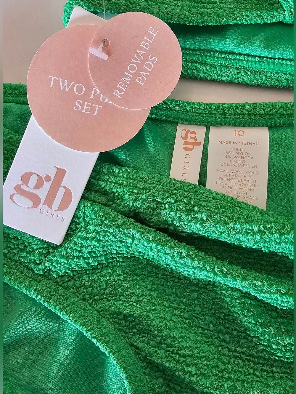 GB girls Bright Green Ruffle-Strap Kids Bikini 2 Piece Swim Suit Size 10 NWT